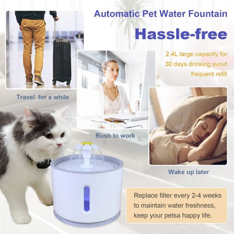 2.4L Pet  Cat Silent Water Dispenser DC Water Pump LED Window Activated Filter Carbon Feeder USB Interface Drinking Bowl